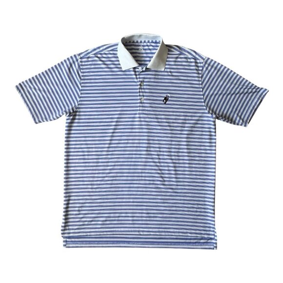 Turtleson Forest Creek Golf Club Polo L Blue White Stripe Tour Performance Shirt - Picture 1 of 10